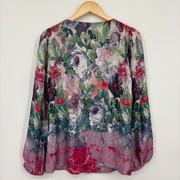 SUNDANCE Samantha Watercolor Floral Silk Pleated Blouse Sz Med, Floral Spring - Picture 2 of 8